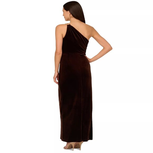 199$ Adrianna Papell Asymmetric One-Shoulder Velvet Gown Maxi Dress Size 2 Brown - Picture 2 of 4
